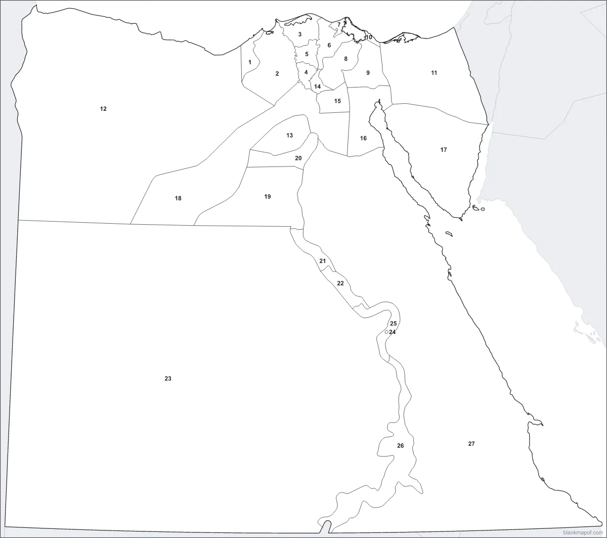 Blank map of Egypt, numbered