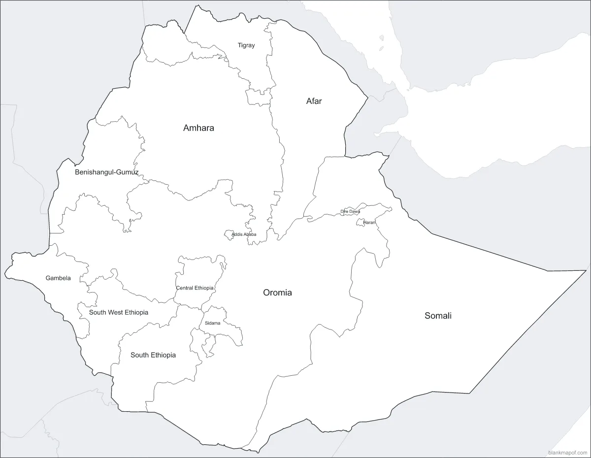 Blank map of Ethiopia, labeled
