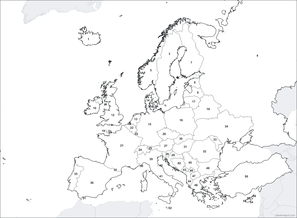 Blank map of Europe, numbered