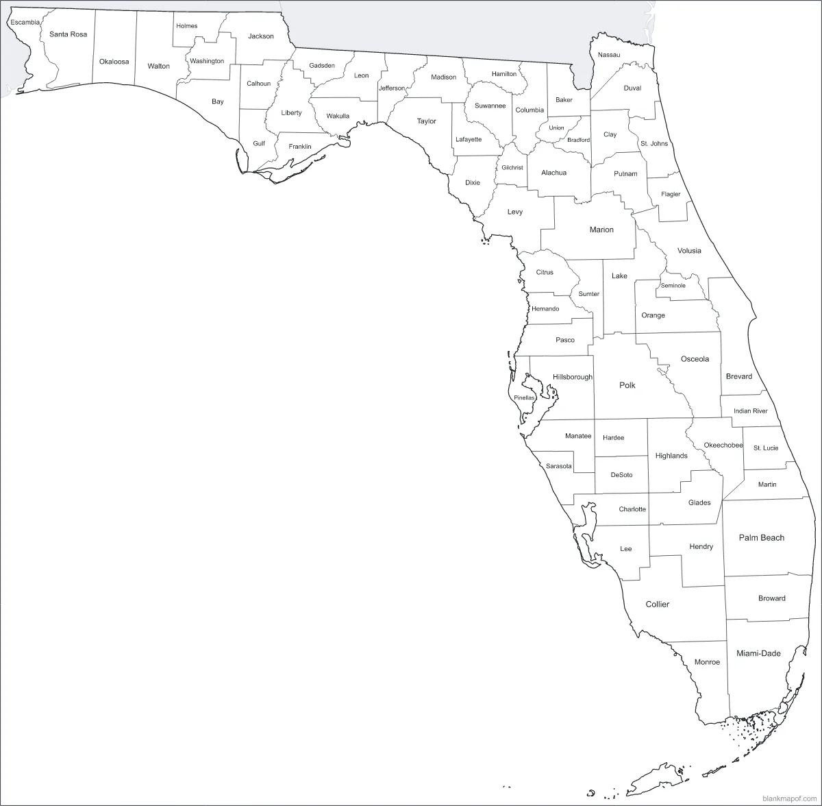 Blank map of Florida, labeled