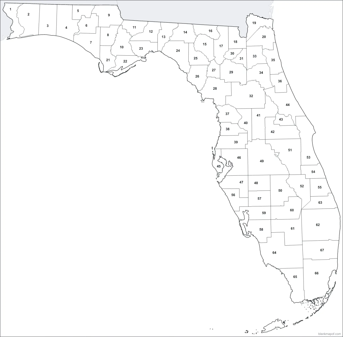 Blank map of Florida, numbered