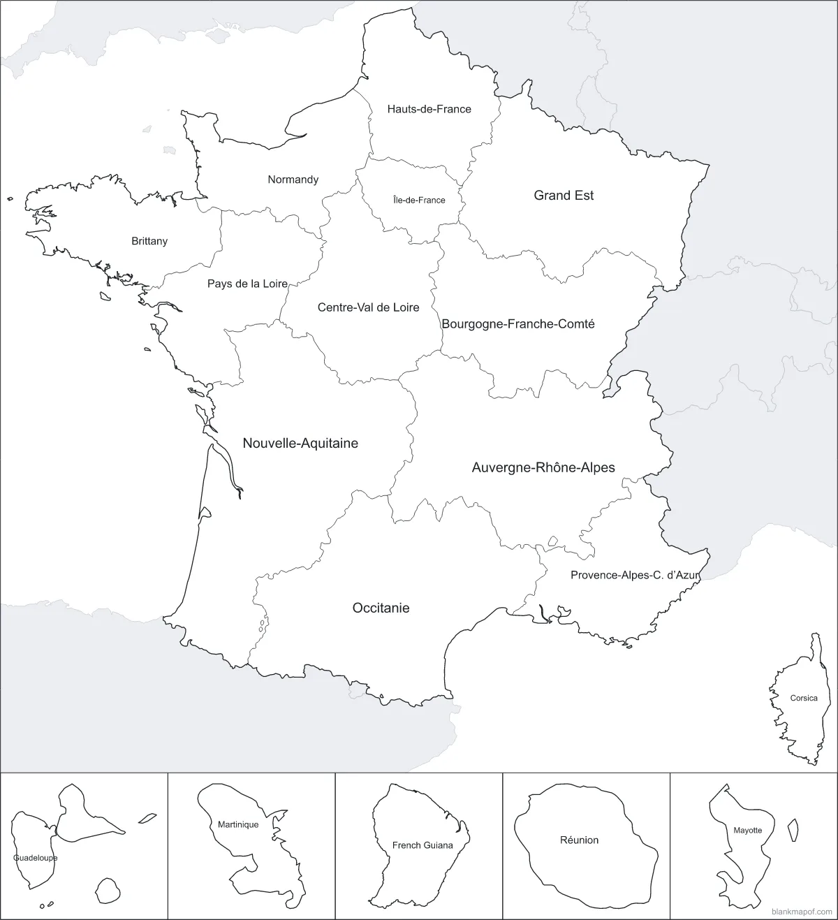 Blank map of France, labeled