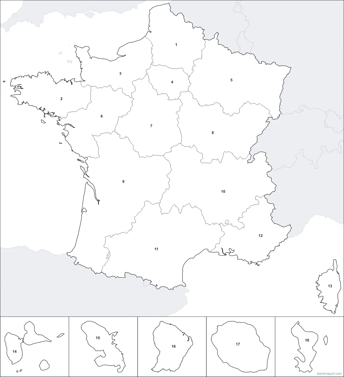 Blank map of France, numbered