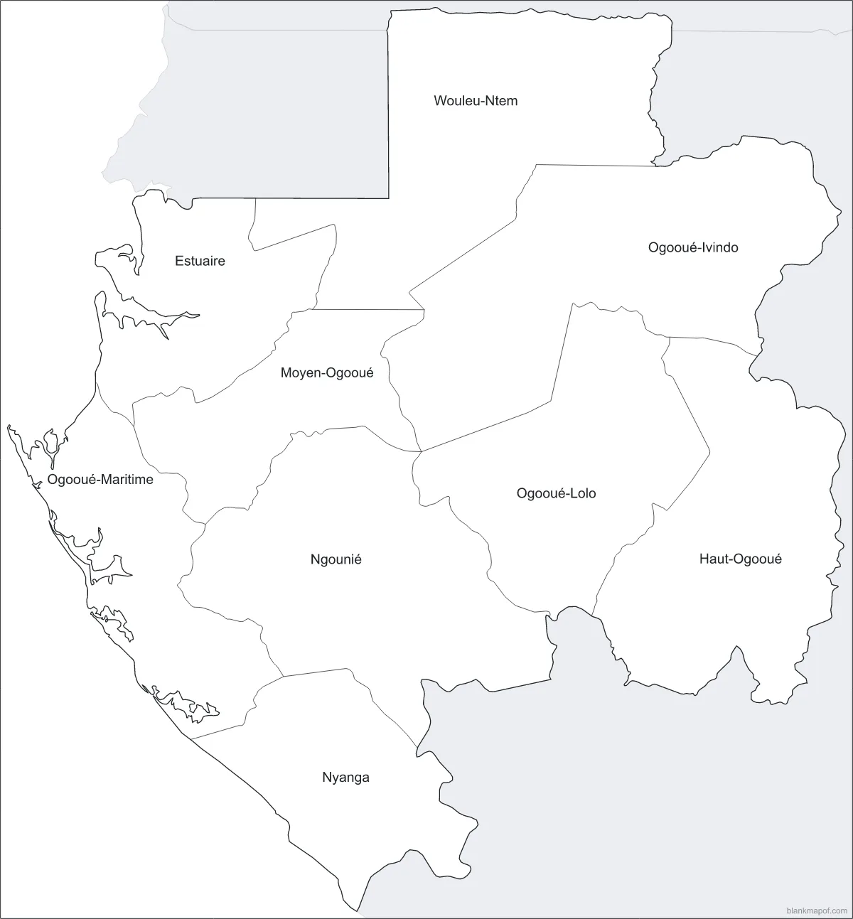 Blank map of Gabon, labeled