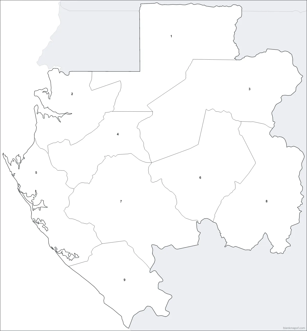Blank map of Gabon, numbered