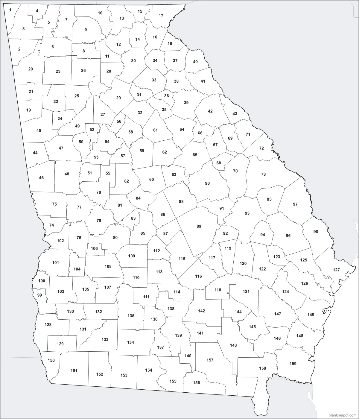 Blank map of Georgia, numbered