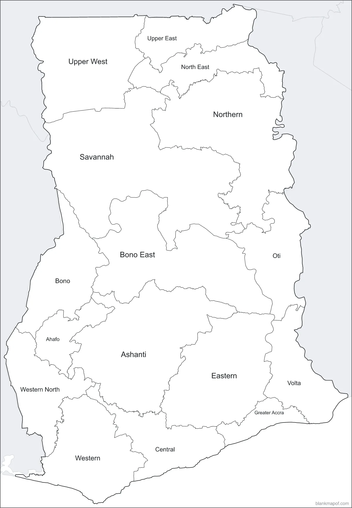 Blank map of Ghana, labeled