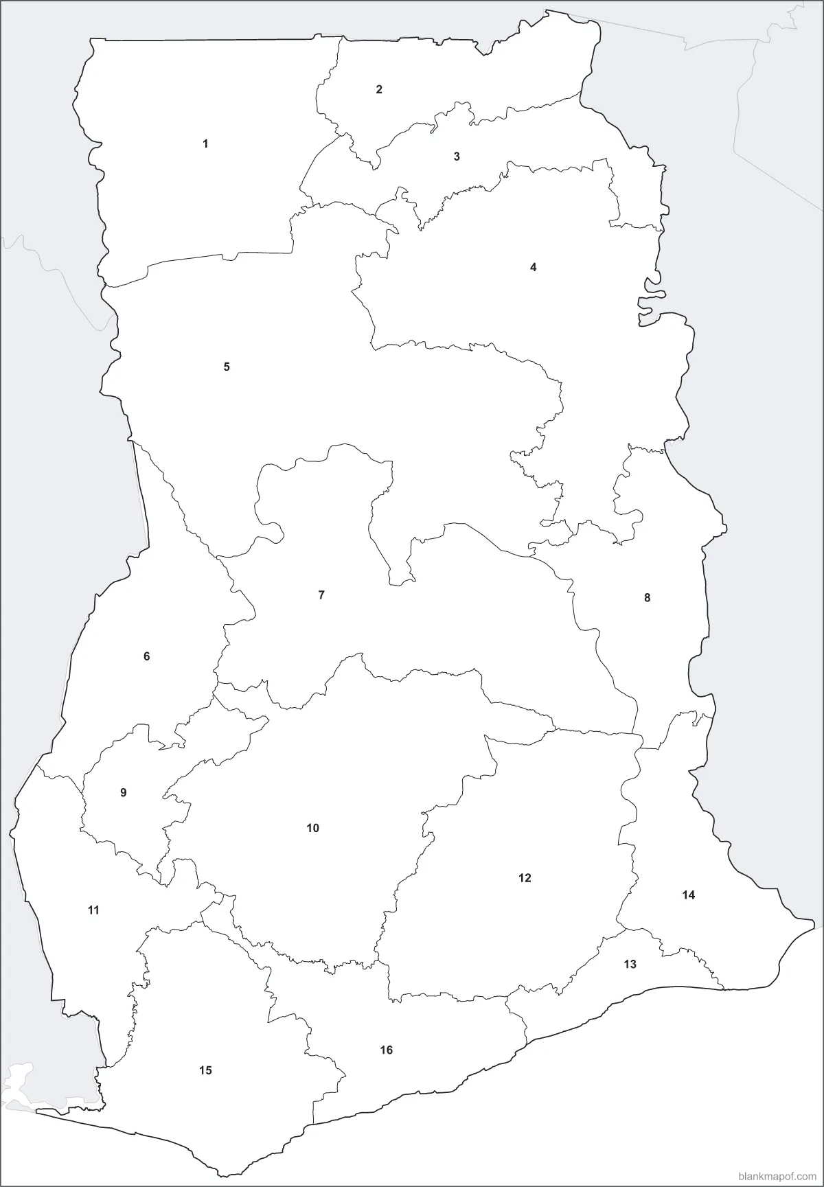 Blank map of Ghana, numbered