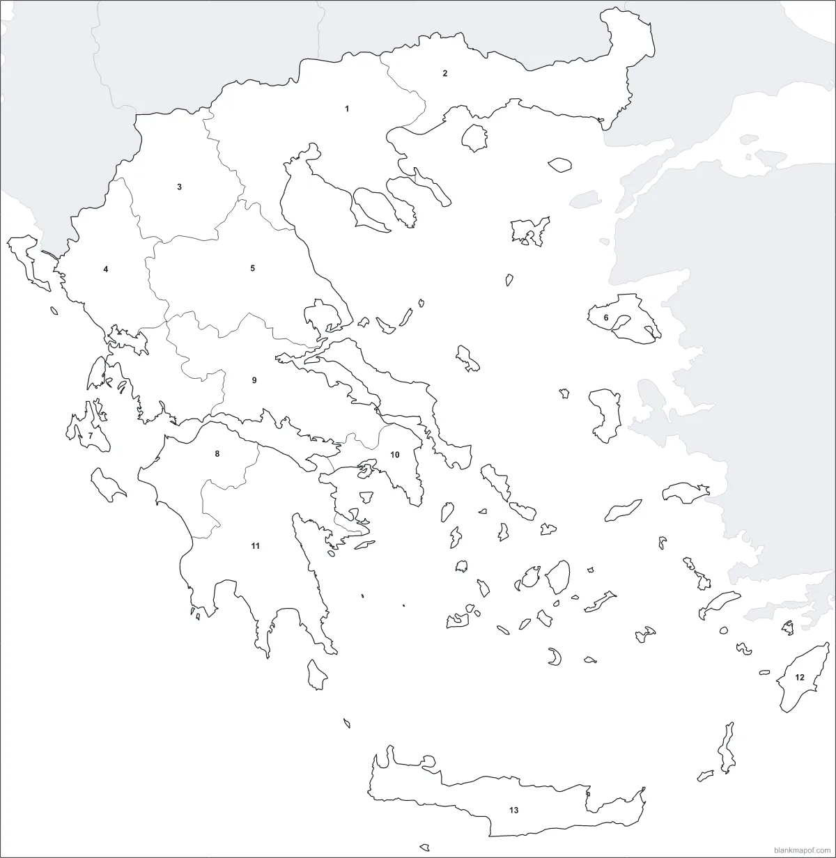 Blank map of Greece, numbered