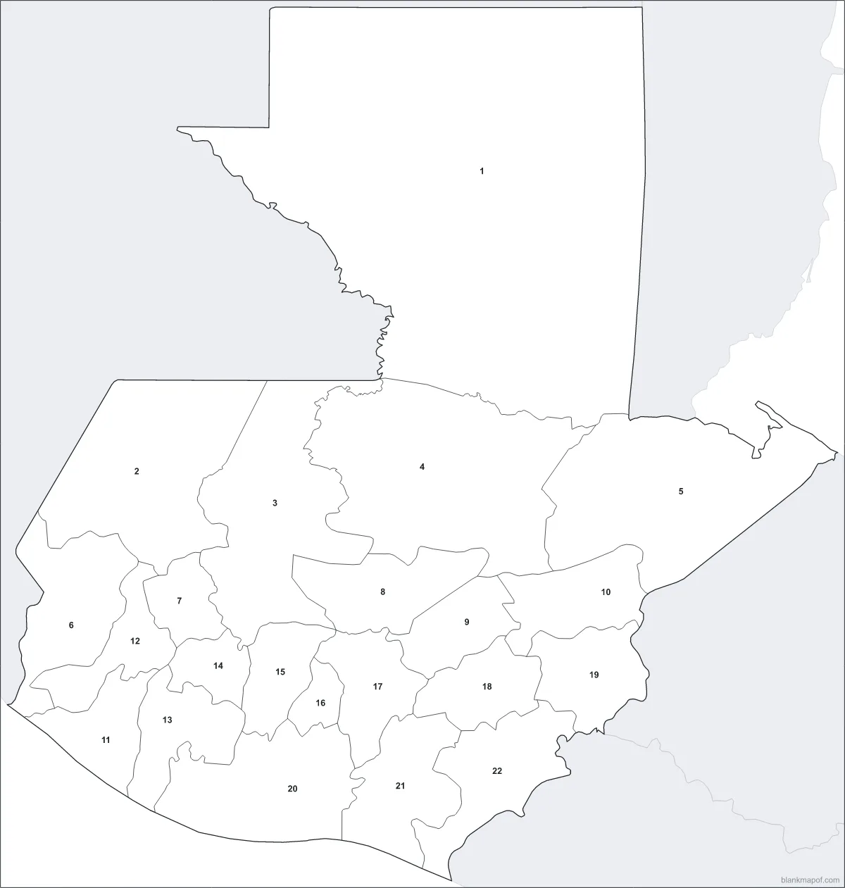 Blank map of Guatemala, numbered