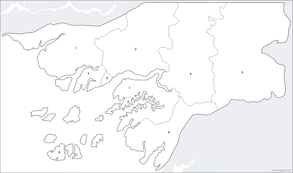Blank map of Guinea-Bissau, numbered