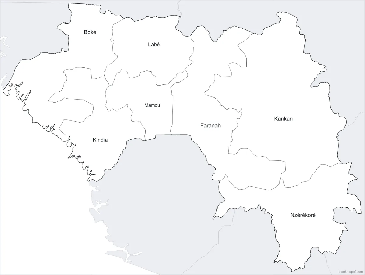 Blank map of Guinea, labeled