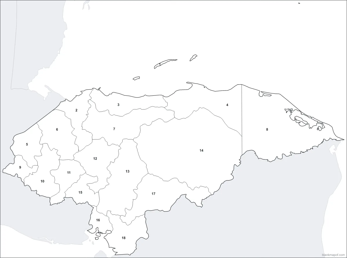 Blank map of Honduras, numbered