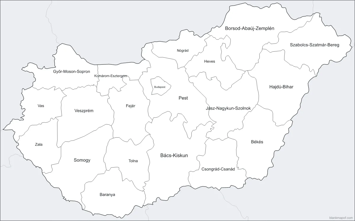 Blank map of Hungary, labeled