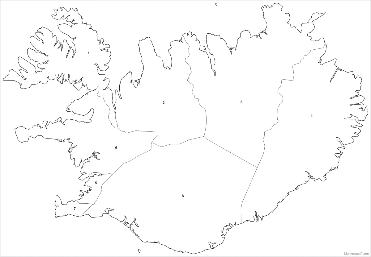 Blank map of Iceland, numbered