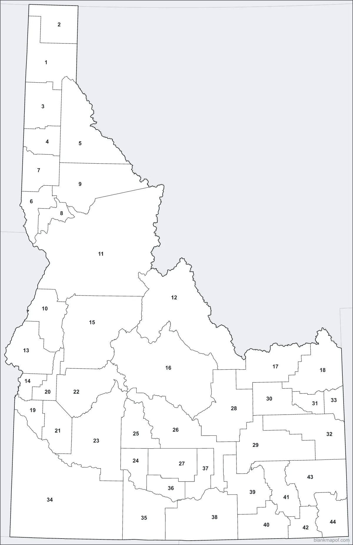 Blank map of Idaho, numbered