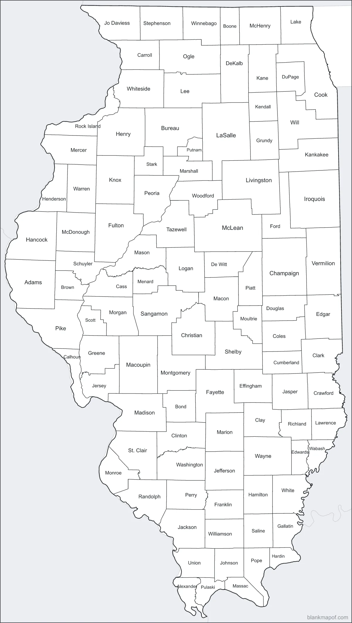 Blank map of Illinois, labeled
