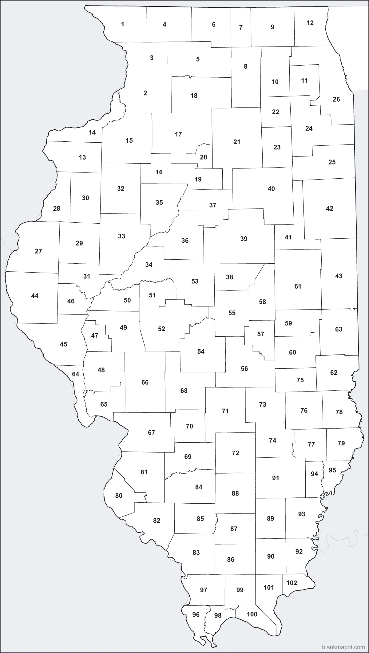 Blank map of Illinois, numbered