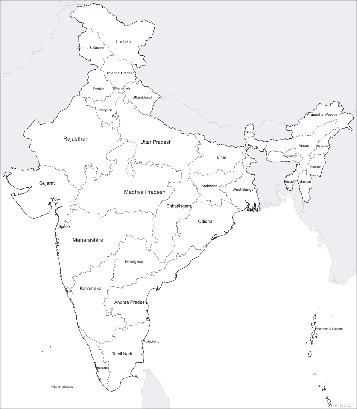 Blank map of India, labeled