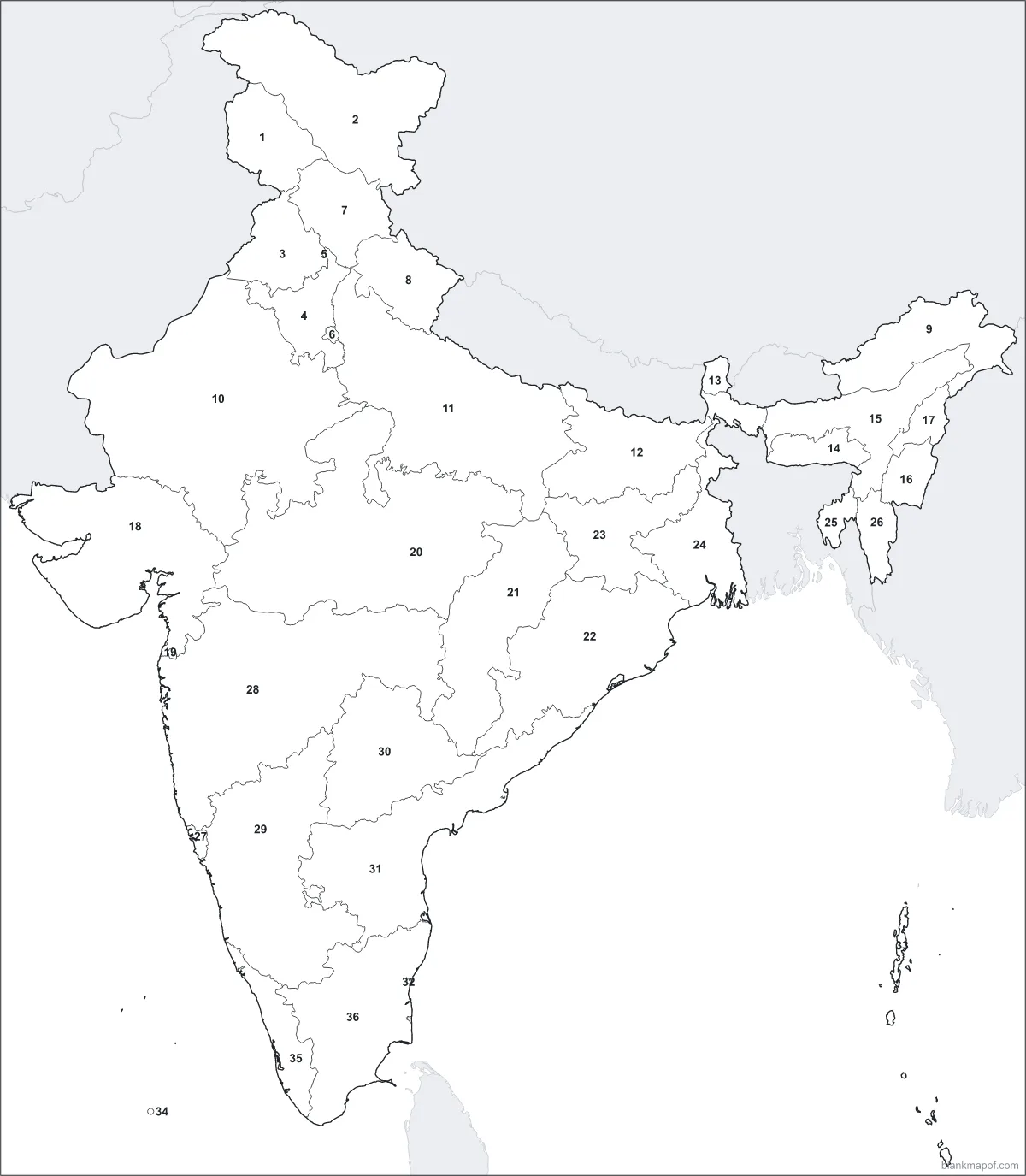 Blank map of India, numbered