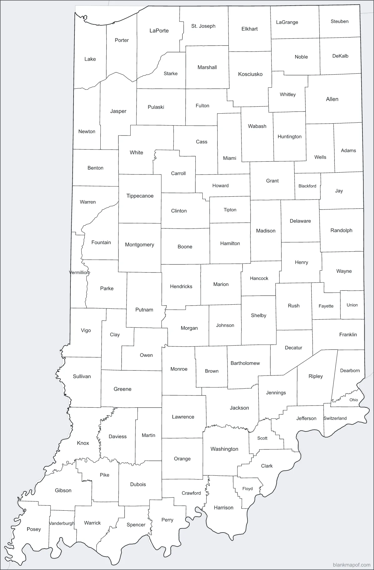 Blank map of Indiana, labeled