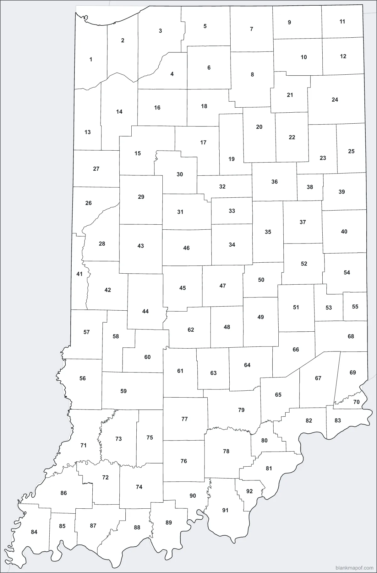 Blank map of Indiana, numbered