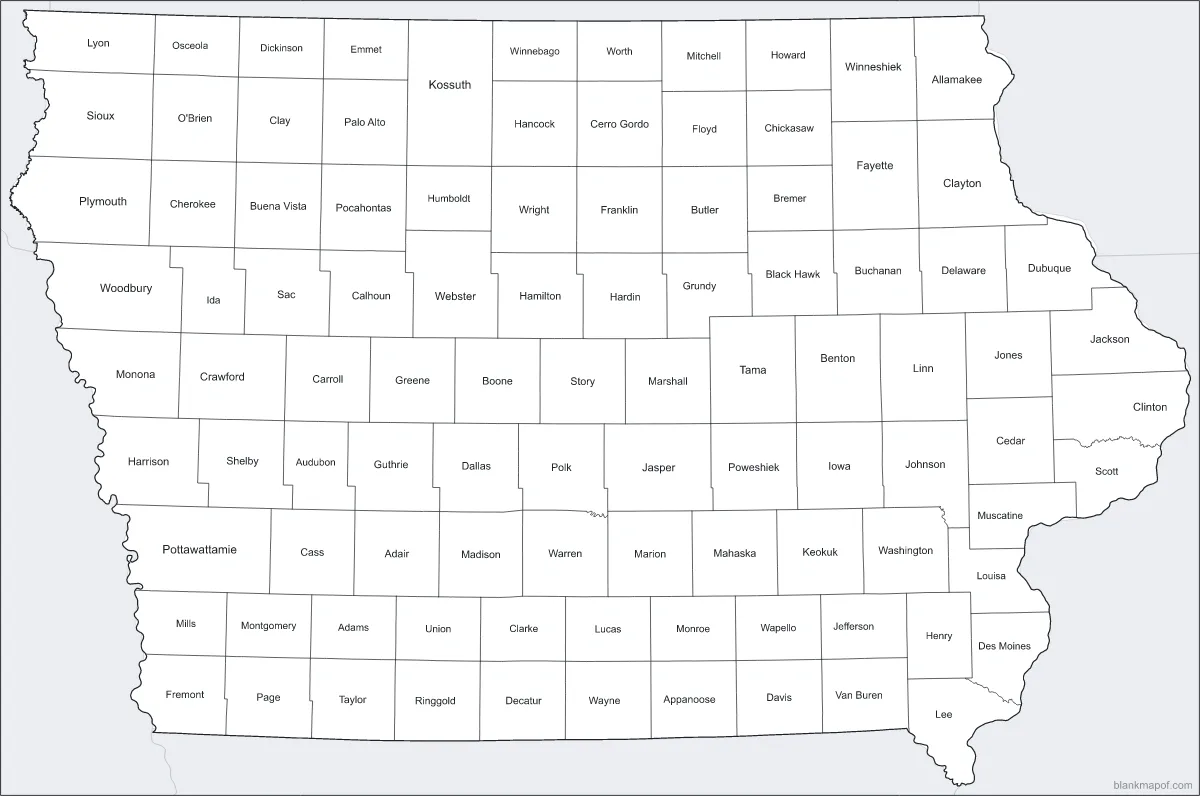 Blank map of Iowa, labeled