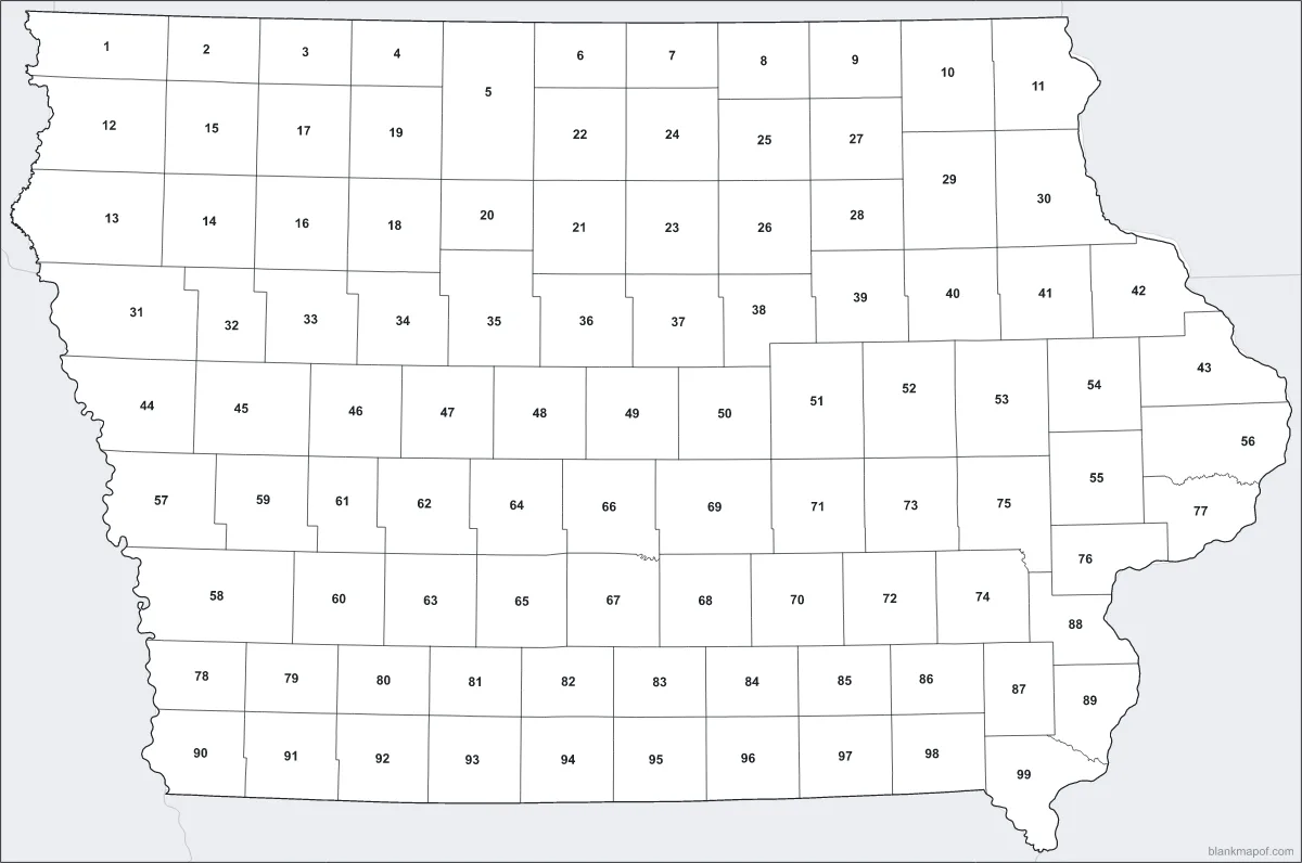 Blank map of Iowa, numbered