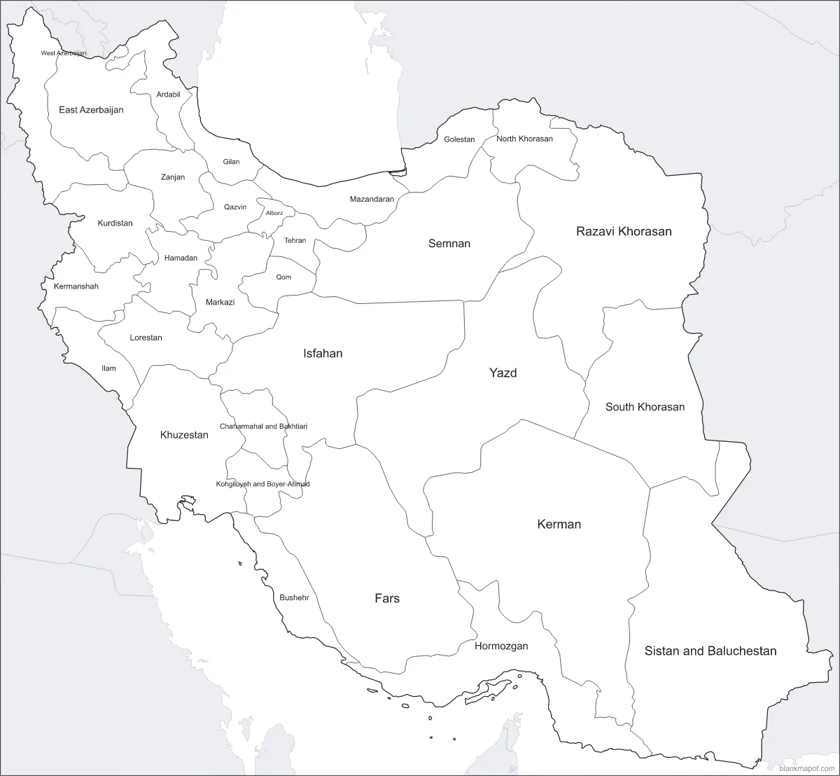 Blank map of Iran, labeled