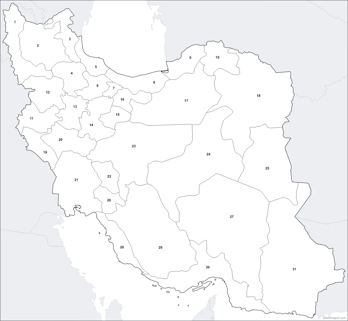 Blank map of Iran, numbered