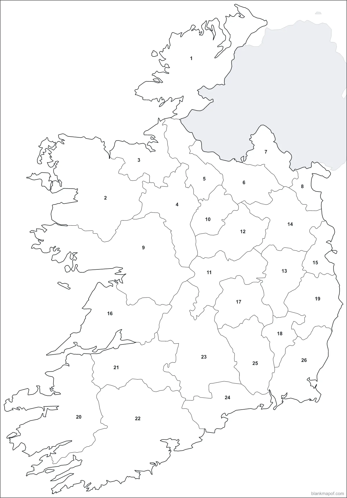 Blank map of Ireland, numbered