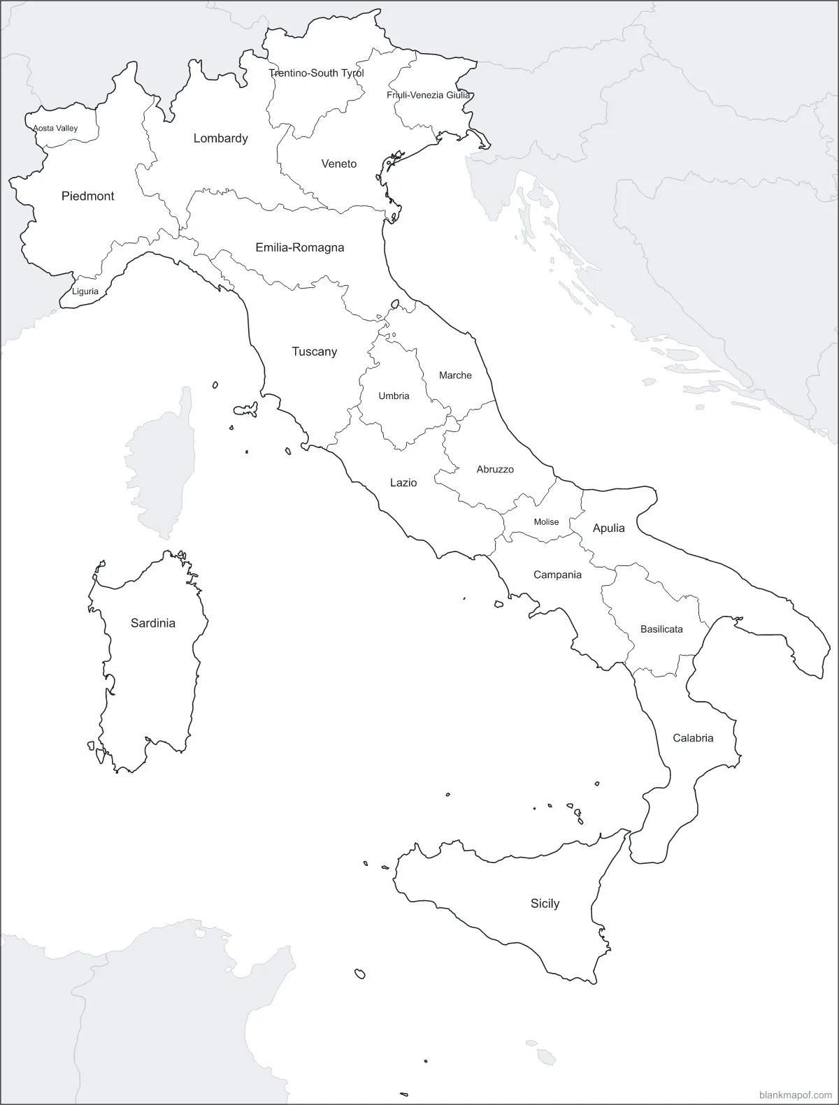 Blank map of Italy, labeled