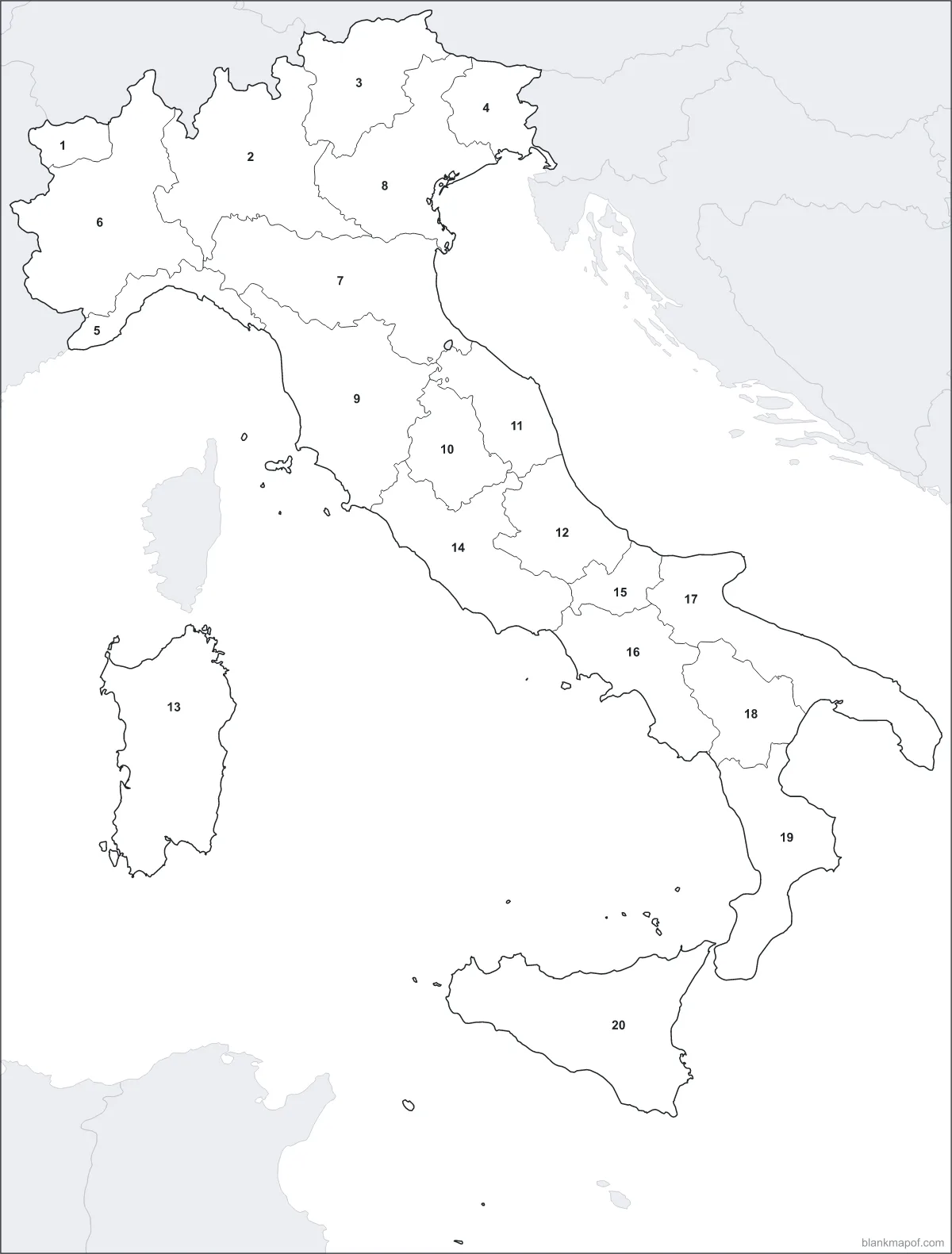 Blank map of Italy, numbered