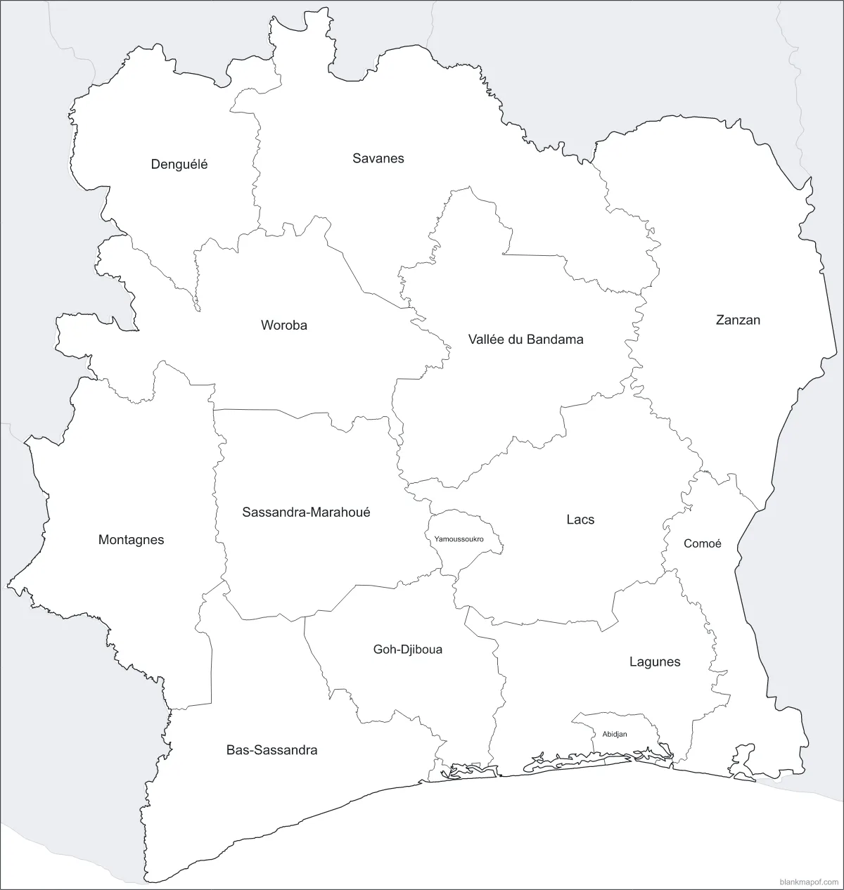Blank map of Côte d'Ivoire, labeled
