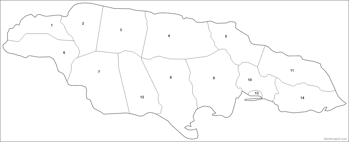 Blank map of Jamaica, numbered