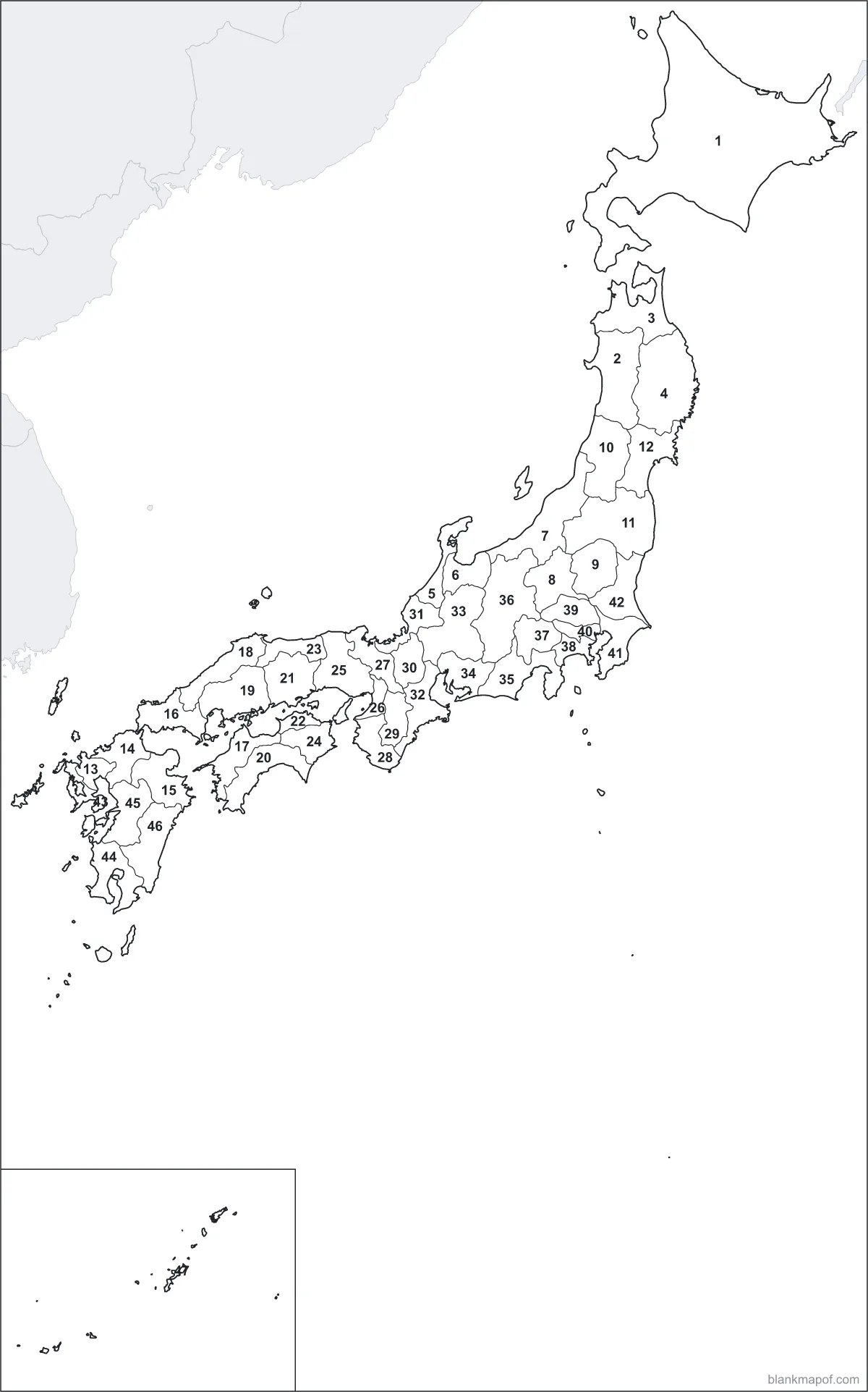 Blank map of Japan, numbered