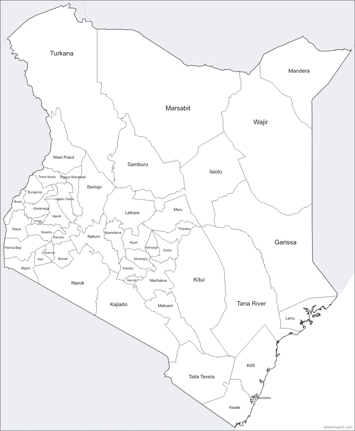 Blank map of Kenya, labeled
