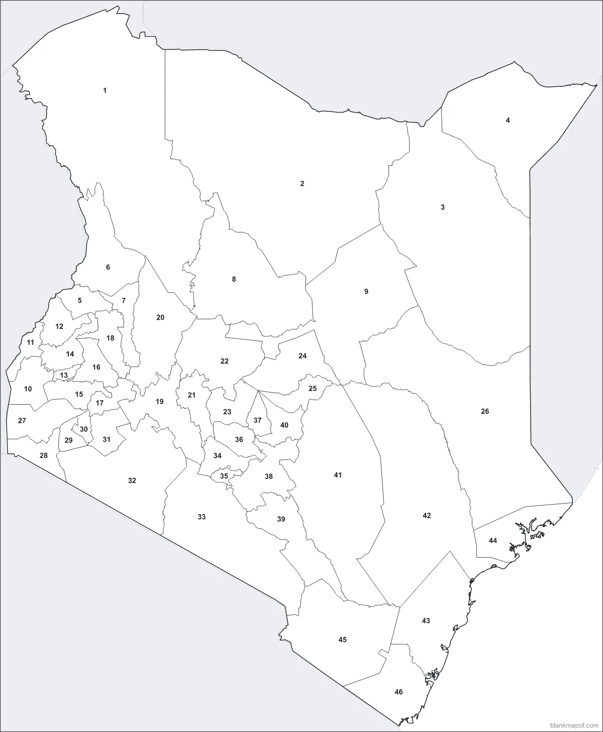 Blank map of Kenya, numbered