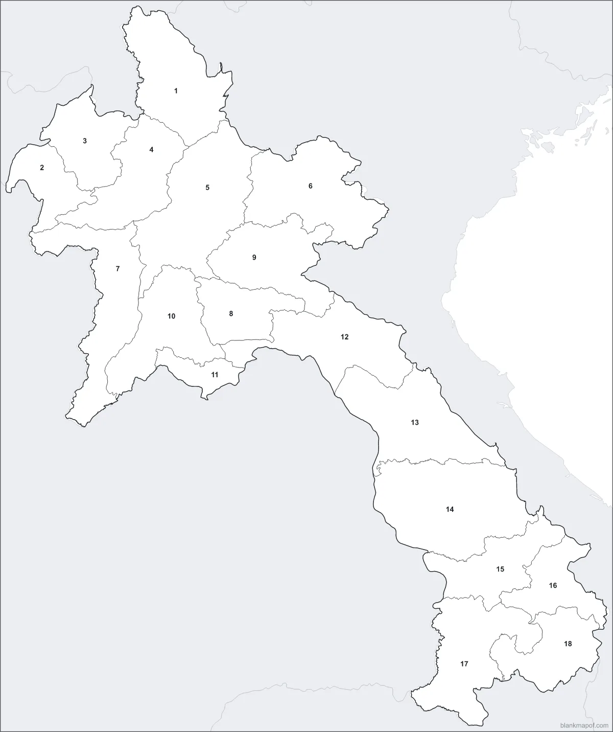 Blank map of Laos, numbered