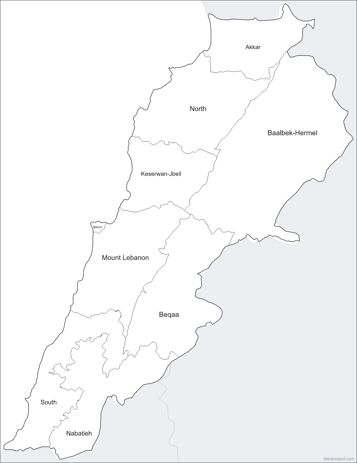Blank map of Lebanon, labeled