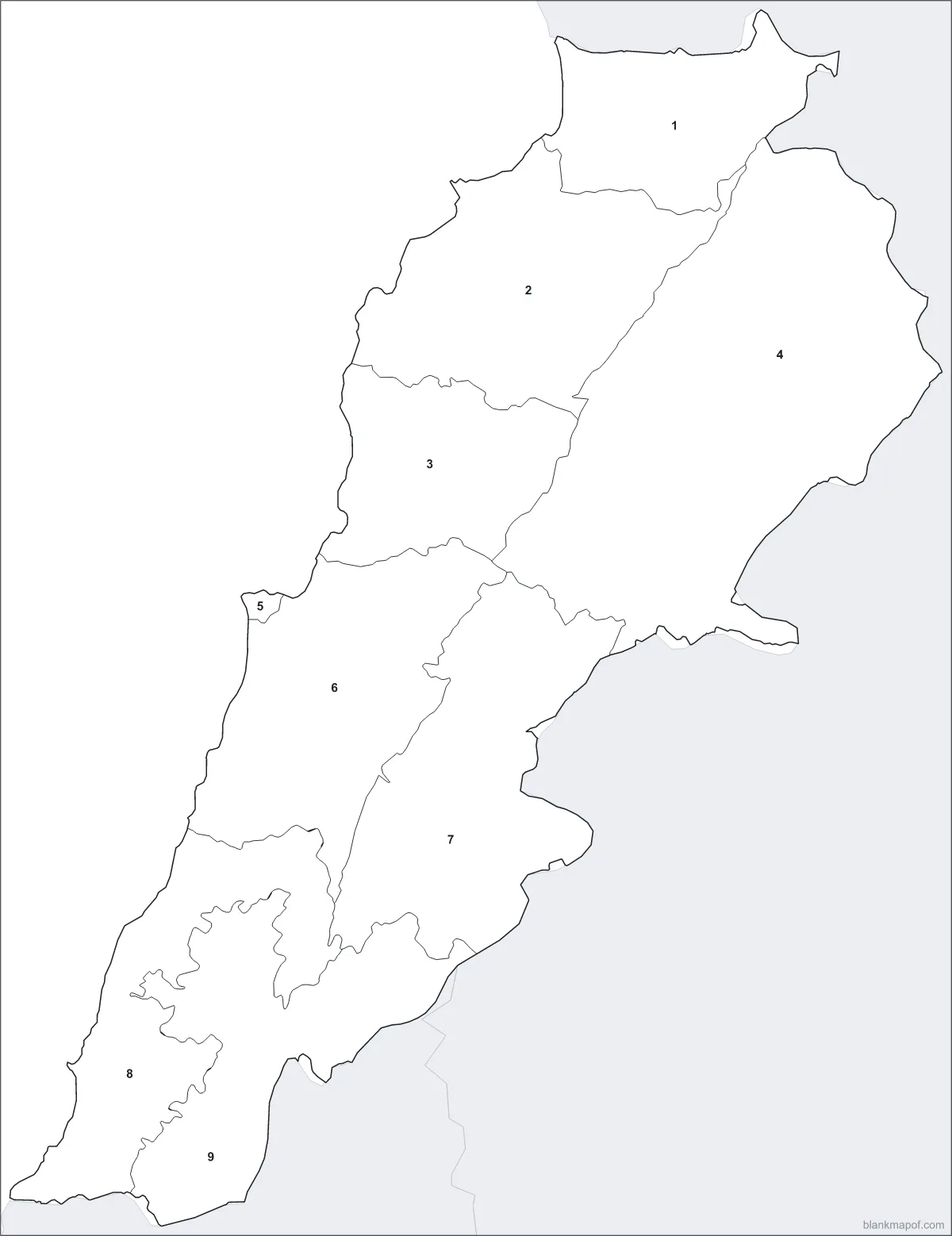 Blank map of Lebanon, numbered