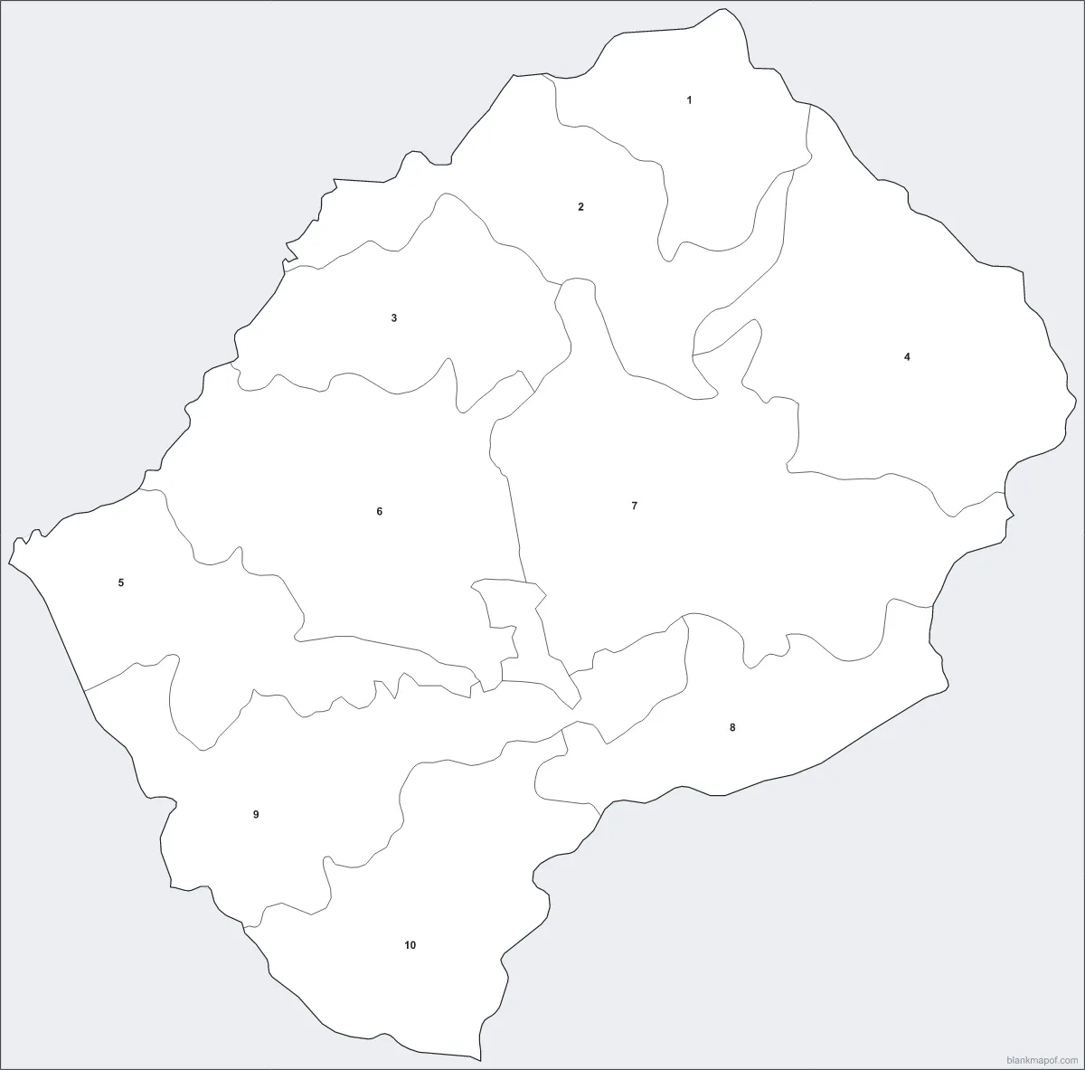 Blank map of Lesotho, numbered