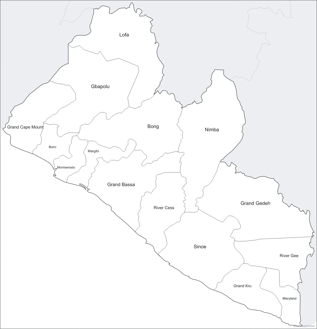 Blank map of Liberia, labeled
