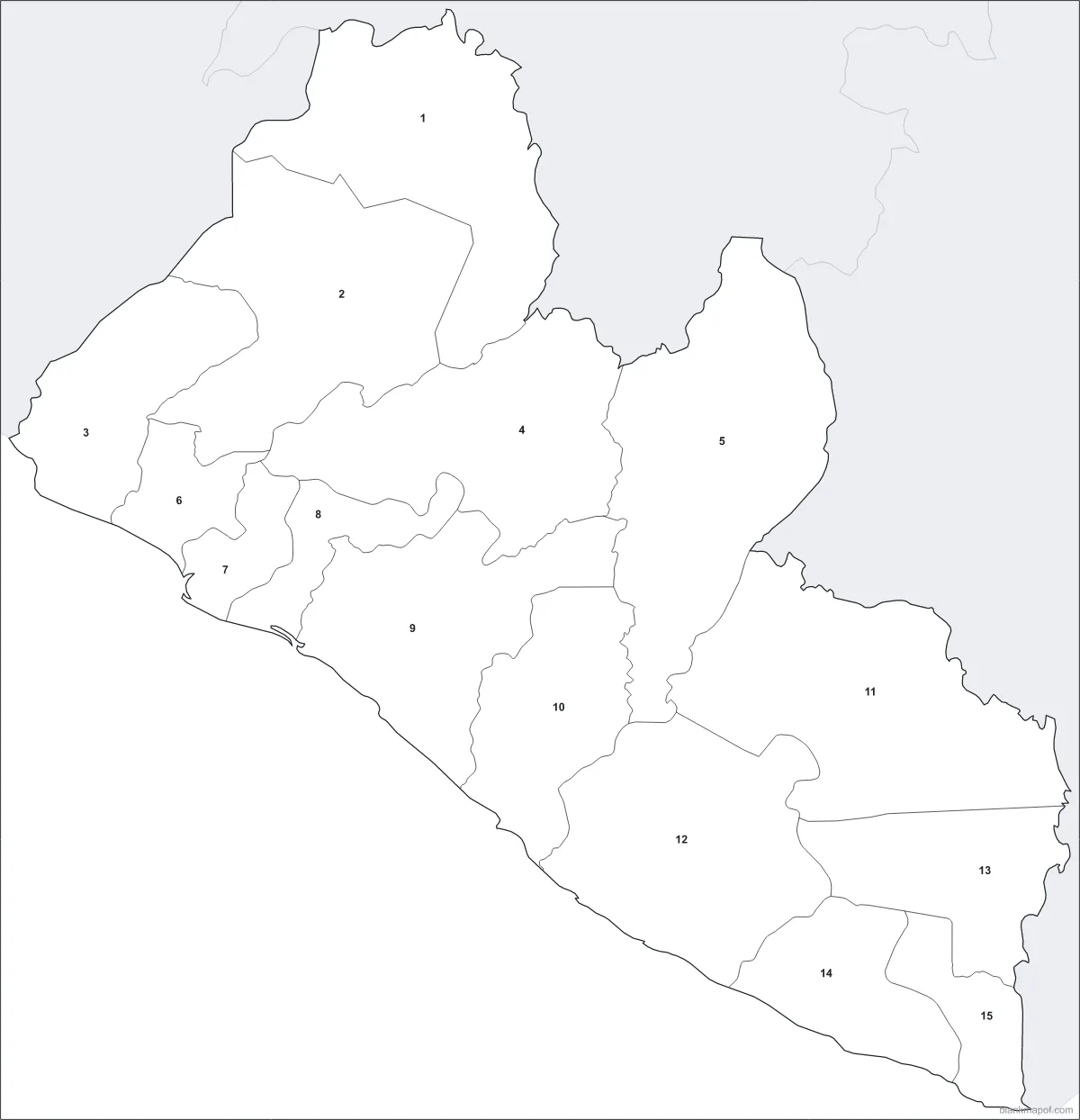 Blank map of Liberia, numbered