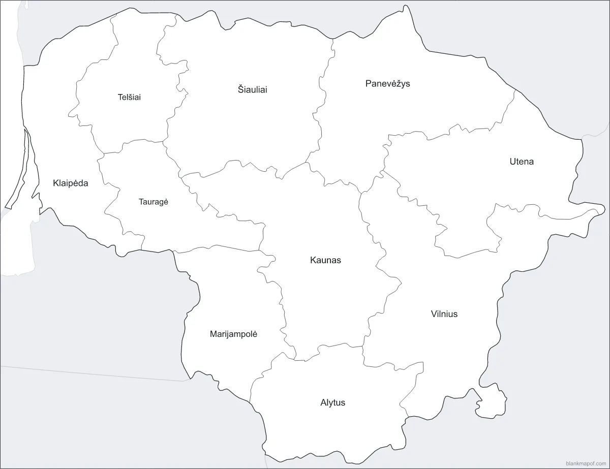 Blank map of Lithuania, labeled