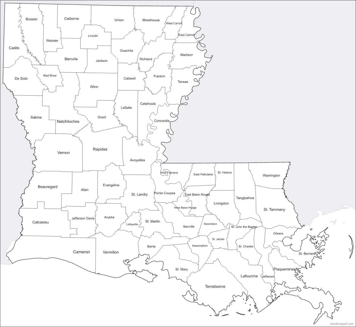 Blank map of Louisiana, labeled