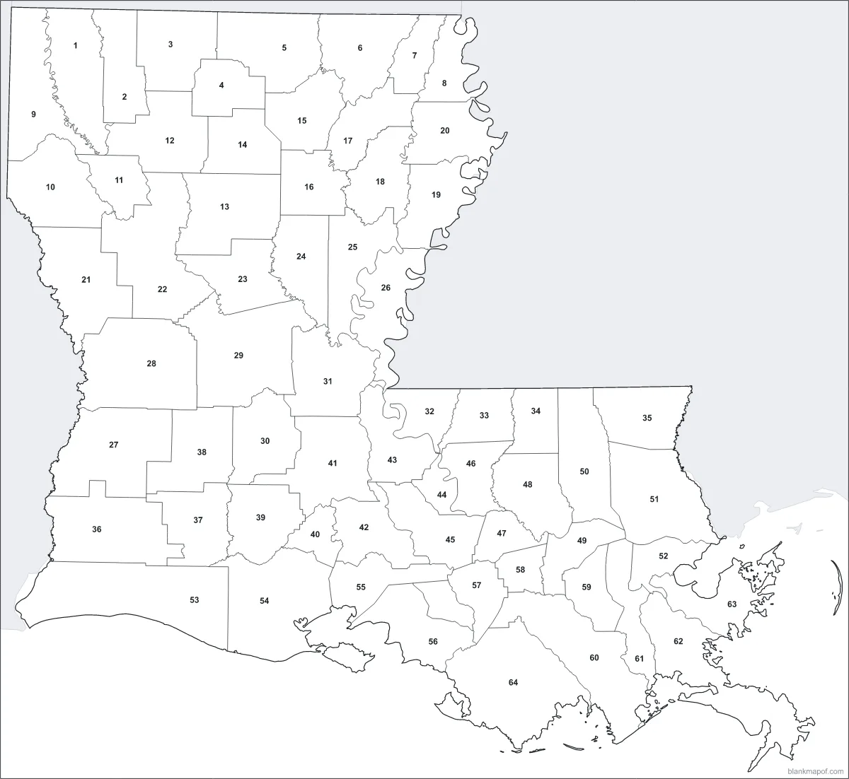 Blank map of Louisiana, numbered