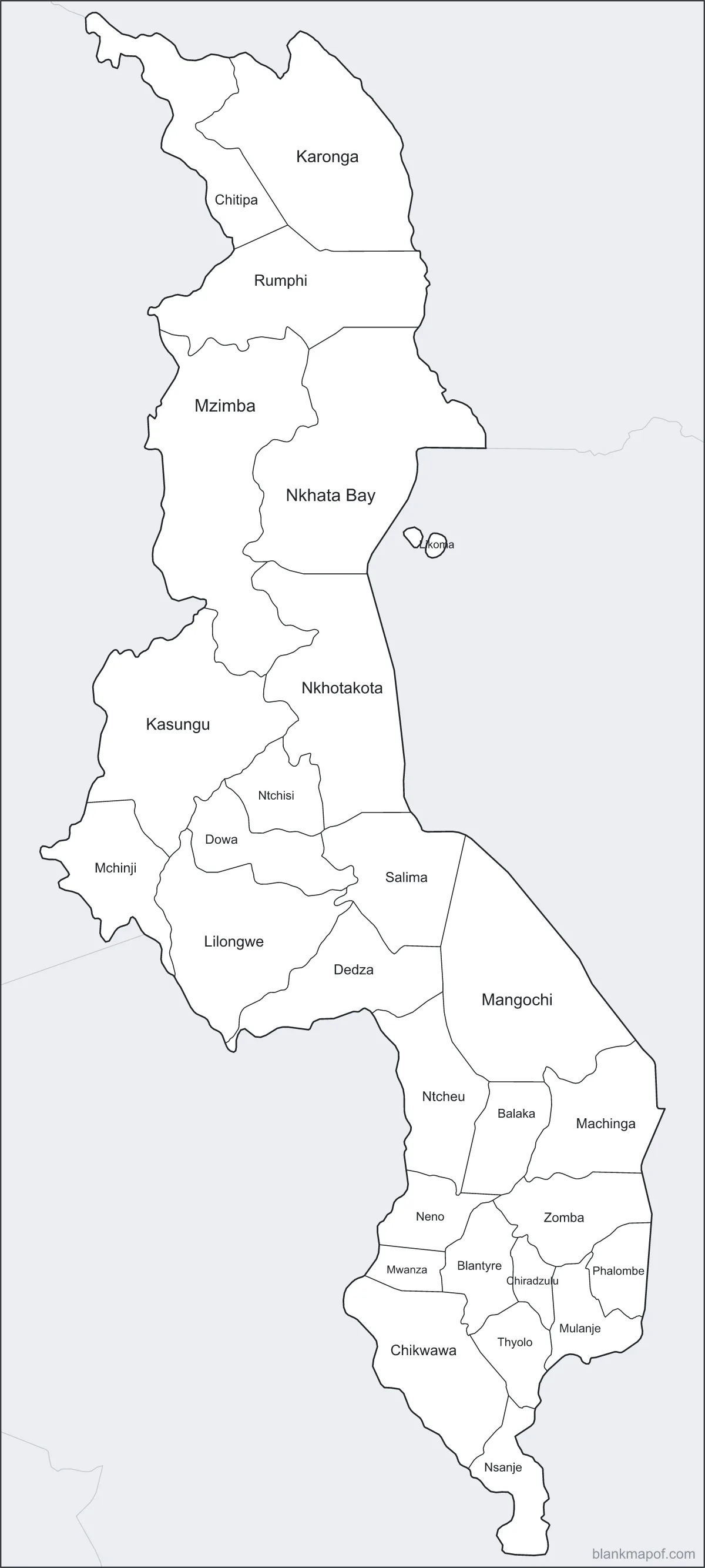 Blank map of Malawi, labeled
