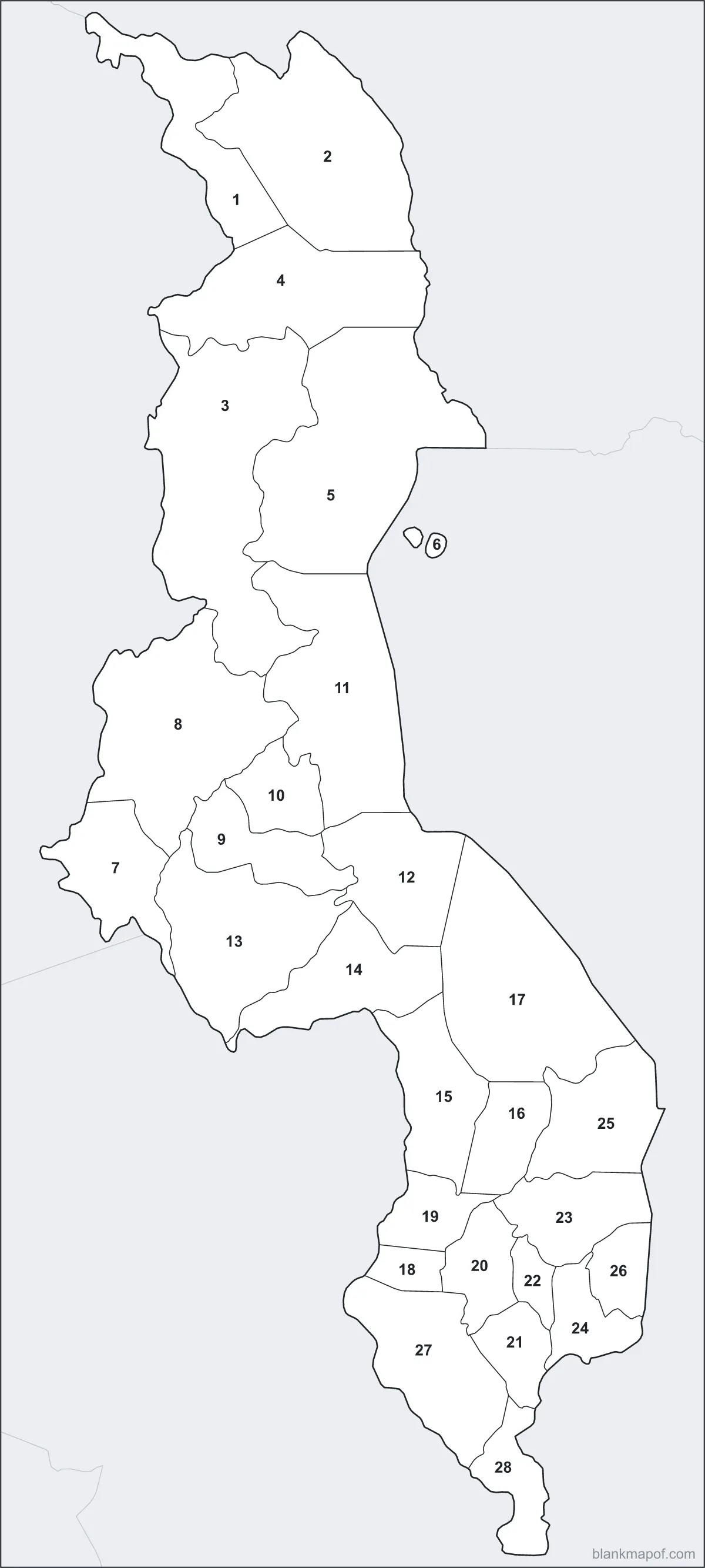Blank map of Malawi, numbered