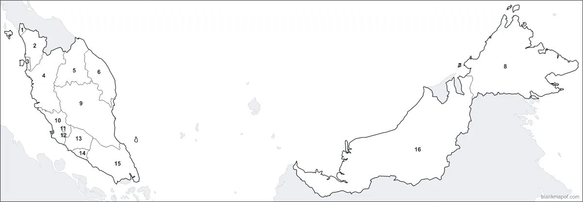 Blank map of Malaysia, numbered